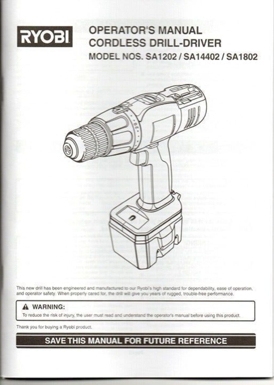 Ryobi Operator Manual for Cordless Drill-Driver Models SA1202 SA14402 SA1802